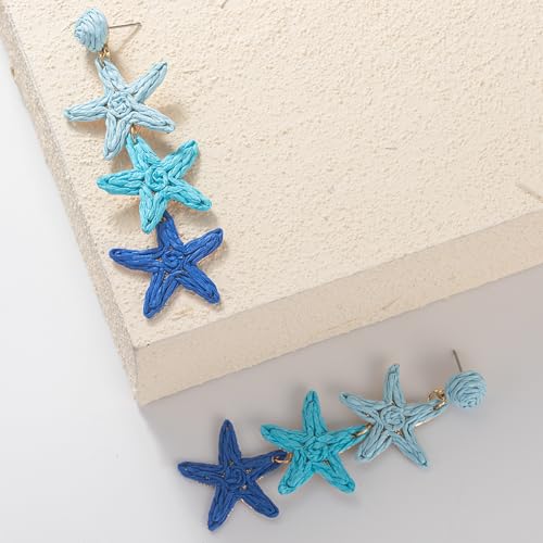Boho Raffia Earrings Starfish Shell Seashell Dangle Drop Earrings Cute Statemnet Trendy Jewelry Summer Beach Outfits for Women - color: Blue, size: Seastar