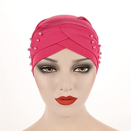 Women Beaded Silky Beanie, Pre-Tied Turban Head Wrap Cap for Chemo Chemical Cancer Hair Loss Cover Hat - color: Rose Red