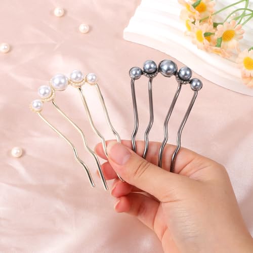 2 Pcs Pearl Hair Pins for Buns, Metal U Shaped Hair Fork Vintage French Twist Hair Side Combs for Women Girls Hair Styling Accessories for Wedding Party Holiday Daily