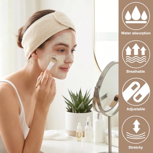 Whaline 4Pcs Spa Facial Headbands Make Up Wrap Head Terry Cloth Headband Soft Adjustable Towel Band for Face Washing Shower Facial Cover Yoga (Beige) - color: Beige