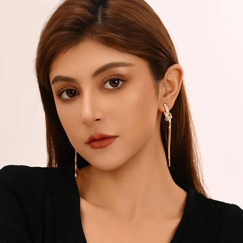 18K Gold/Silver Plated Dangle Earrings for Women Sparkly Rhinestone Long Tassel Dangle Earrings Dainty Long Hanging Chain Earrings Wedding Party Prom Earrings - color: Gold