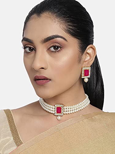 Aheli Ethnic Choker Necklace Earrings Wedding Bollywood Party Jewelry Set Gift for Women - color: Rani Pink 1