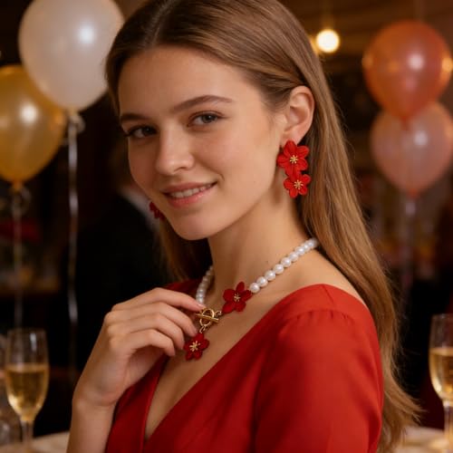 WCRAZYE Gold Flower Earrings Necklace Set for Women Boho Summer Daisy Floral Statement Earrings Brides Wedding Guest Dresses Jewelry - color: Red B
