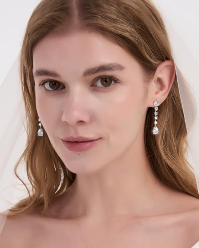 Teardrop Cubic Zirconia Dangle Earrings for Women 925 Silver Post Gold Plated Bridal Jewelry for Wedding Bride Bridesmaid Prom Pageant - color: White Gold
