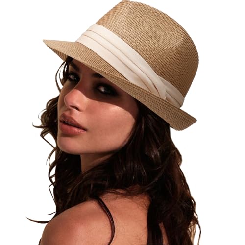 DRESHOW Women Straw Sun Hat Short Brim Panama Travel Fedora Summer Hat Roll Up Beach Cap for Women UPF 50+ - color: 1 Pc Straw Hat: Khaki (Beige Ribbon)