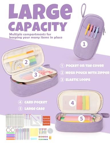 SUNEE Cute Pencil Case, Large Pencil Pouch, Soft Corduroy Fabric Big Pencil Bag with Zipper, Kawaii Pen Bag Stationery Storage and Organizer, School Supplies for Teen, Student, Boys,Girls, Soft Purple - color: Soft Purple