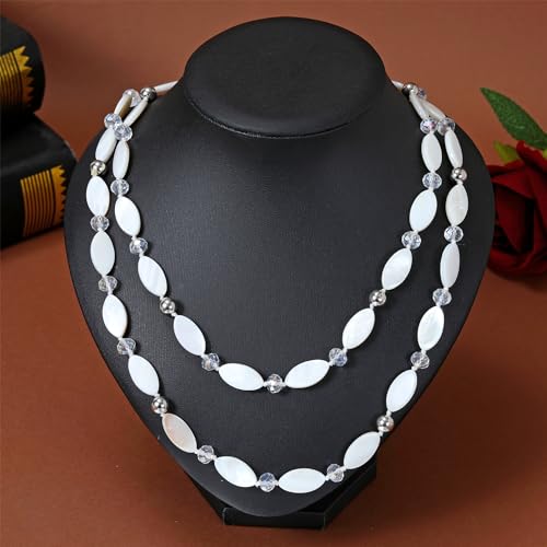 Long 48" Beaded Necklace for Women Boho Knot Strand Chunky Shell Crystal Beads Fashion Costume Jewelry for Gifts - color: White