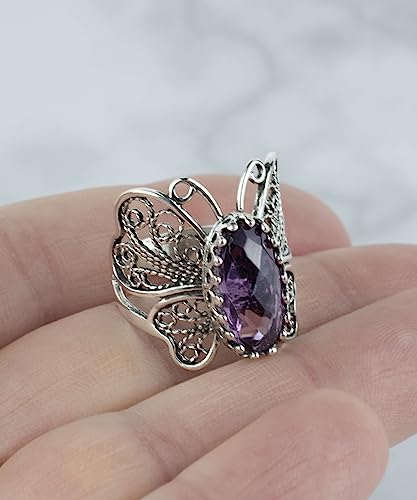 Filigranist Sterling Silver Filigree Art Butterfly Women Cocktail Ring with Gemstones - color: Amethyst