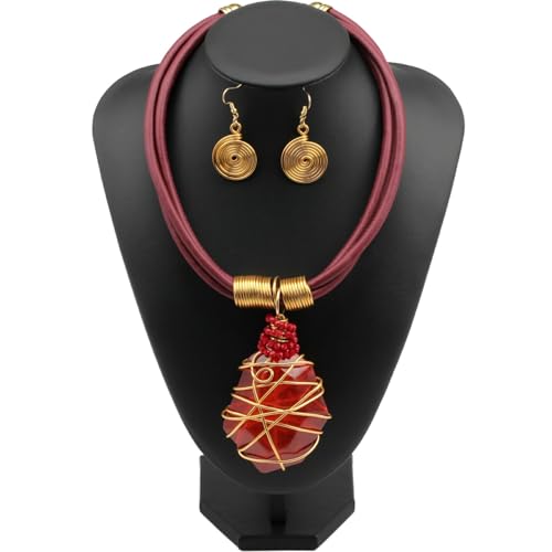 Ethnic Crystal Rhinestone Pendant Necklace Earrings Set Women Handmade Tribal Collar Choker Chunky Metal Bib Rope Chain African Statement Jewelry Set - color: N1505-red