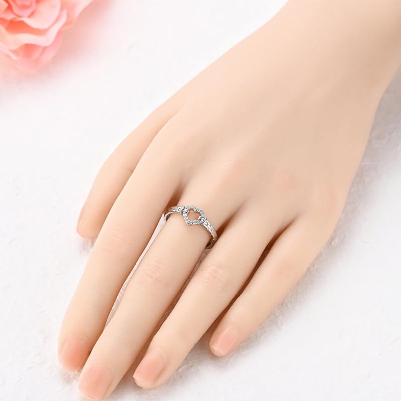 PARCOM Adjustable Women Stackable Ring, 925 Sterling Silver Open Rings - Trendy Eternity Cubic Zirconia Stackable Band Engagement Promise Ring for Her, Hypoallergenic Non Tarnish Nature Bird Floral Thumb Rings - color: Heart Link