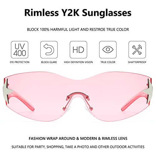 Rimless Y2K Sunglasses for Women Men Wrap Around Fashion Sunglasses Oversized Frameless Trendy Sun Glasses - color: Clear Pink Frame / Clear Pink Lens