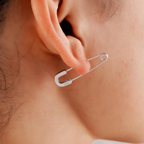 CHIC & ARTSY 925 Sterling Silver Safety Pin Earrings - Lightweight Comfortable Punk Paperclip Cartilage Hoop Earrings, Trendy Industrial Style Jewellery for Women and Men - color: White