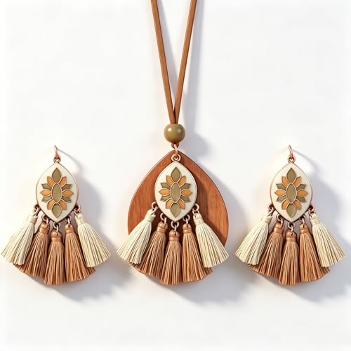 Wooden Leather Necklaces Set Bohemian Wood Stack Discs Long Chain Hemp Rope Bronze Plated Pendant Ethnic Tribal Fall Leaf Earrings Jewelry Statement Necklace - color: R-049