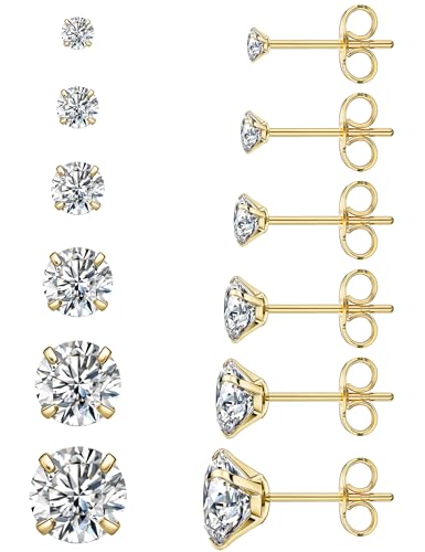 6 Pairs Stud Earrings Set, Hypoallergenic Cubic Zirconia 316L Earrings Stainless Steel CZ Earrings 3-8mm - color: A-001-Gold