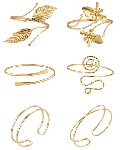 6 Pcs Arm Cuff Jewelry for Women, Minimalist Gold Coil Upper Arm Armband Set Metal Simple Open Armlet for Party - color: Leaf Flower