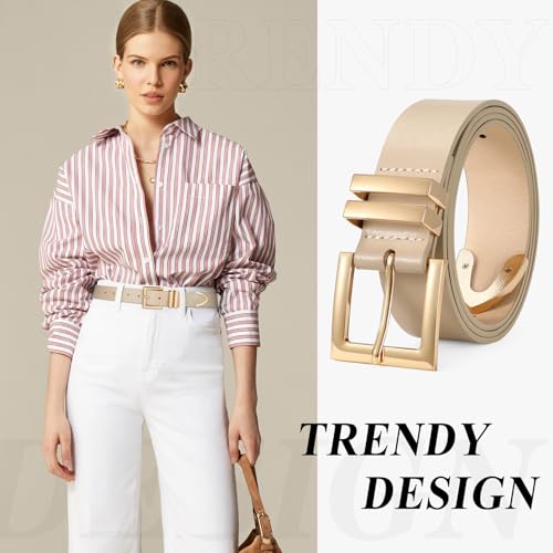 SUOSDEY Plus Size Women's Leather Belts for Jeans Pants Dress Fashion Women Waist Belt with Gold Buckle - color: Beige, size: Fit waist size 26''-33''