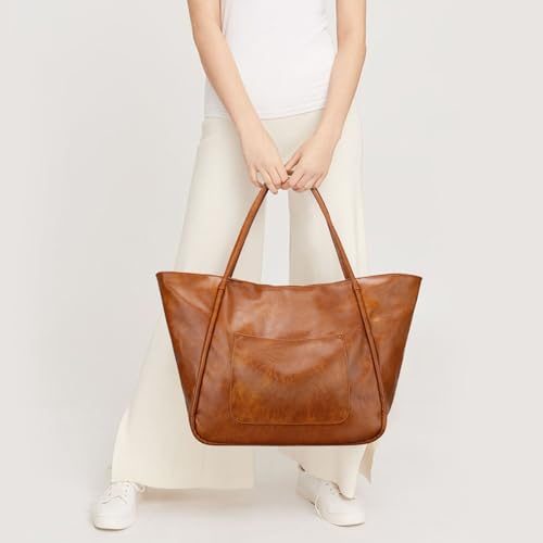 KKXIU Large Tote Bag for Women with Zipper Work Leather Travel Purse and Handbags - color: Brown