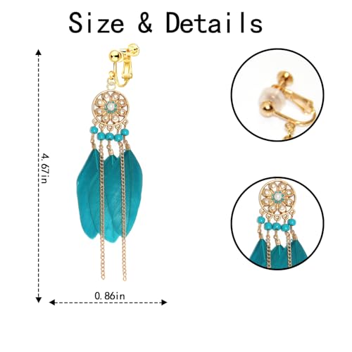 Clip on Tassel Dangle Earrings for Boho Women, Non Pierced, Colorful Feather Handmade Beads Fashion Vintage Fringe Jewelry for Parties Weddings Festivals Trendy Statement Earrings for Bohemian - color: Blue A