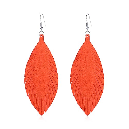 Large Genuine Soft leaf Leather Handmade Fringe Tassel Feather Lightweight Tear Drop Dangle Color Earrings for Women - color: Orange