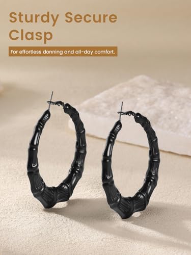 KeyStyle Bamboo Hoop Earrings for Women, Stainless Steel 90s Hoops Earring Lightweight Loops for Party, 2 mm Thick Hypoallergenic Vintage Circle Endless Thin Hoop (40mm, 60mm, 80mm,) - color: Black Plated-40mm