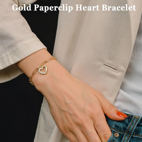 Emibele Heart Charm Bracelet for Women, Bible Verse Bracelet Stainless Steel 18K Gold Plated Bracelet Love Pendant Link Chain OT Clasp, Birthday Christmas Jewelry Gift for Mother Her - color: Gold Heart Pendant