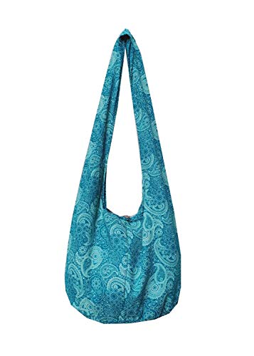BTP! Thai Cotton Hippie Hobo Sling Crossbody Bag eco Friendly Shopping bag Paisley Print Large - color: Teal Pl9