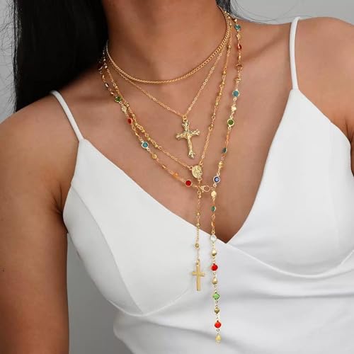 4PCS Layered Gold Cross Necklaces for Women Multi Strand Colorful Rosary Necklace Set Trendy Bohemian Bead Pearl Y Long Pendant Necklace Adjustable Gold Stack Necklace Jewelry Accessory