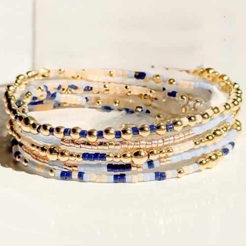 14K Gold Beaded Ball Stackable Bracelets for Women,Bohemian Stretch Colorful Seed Beads Bracelet Stack Fashion Holiday Jewelry Gift Friendship - color: Blue
