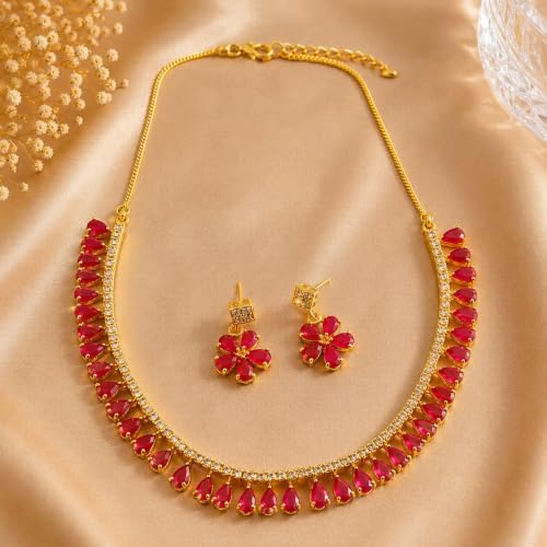 JewarHaat Indian Bollywood Necklace Set AD CZ Elegant Gold Plated Multi Stones Sparkling Crystals Choker with Earrings Fashion Jewellery for Women & Girls - color: Ruby Red