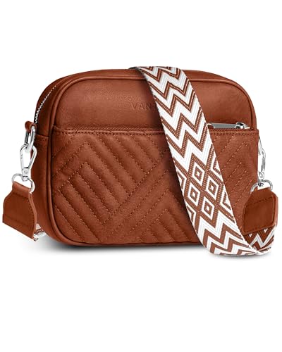 Vantamo Premium Quilted Crossbody Bags for Women with Anti-Pickpocket Clip, Vegan Leather Handbags, Travel Purses for Women - color: Shoulder Bag Bronze Jacquard Strap