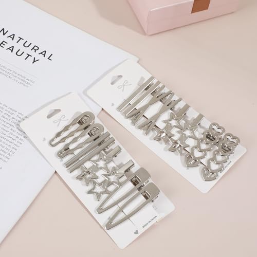 Ymapinc Silver Star Hair Clips, 16pcs Y2K Heart Hair Barrettes, Hair Accessories for Women Girls, 2000s Style Non-Slip Silver Metal Clips