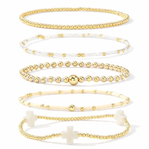 Gold Beaded Cross Bracelet for Women, 14K Plated Adjustable Stackable Dainty Bracelets, Non Tarnish Fashion Jewelry Set Gifts for Women Birthday Friendship - color: Colors-8