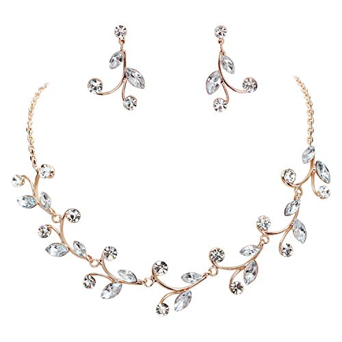 Faship Gorgeous Rhinestone Crystal Floral Necklace Earrings Set - color: Clear/Rose-gold-plated