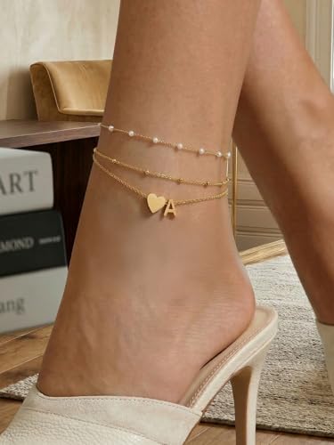 Silvora Ankle Bracelets for Women Waterproof 14K Gold/Silver/Black Initial Anklet for Women Dainty Layered Heart Ankle Bracelets Stainless Steel Adjustable Foot Chain Anklet Summer Beach Jewelry - color: A-Gold