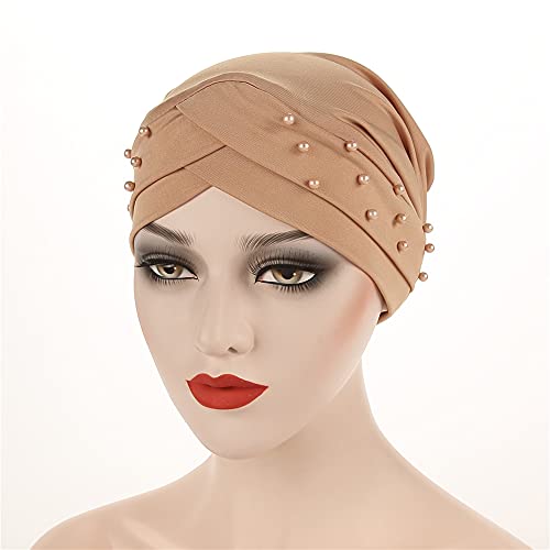 Women Beaded Silky Beanie, Pre-Tied Turban Head Wrap Cap for Chemo Chemical Cancer Hair Loss Cover Hat - color: Khaki