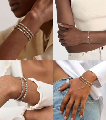 doubgood Gold Bracelets for Women, 5 Piece 14K Gold Plated Bracelet Stack Beaded Ball Jewelry Sets Gifts for Women - color: Style 1-Silver-7.25IN