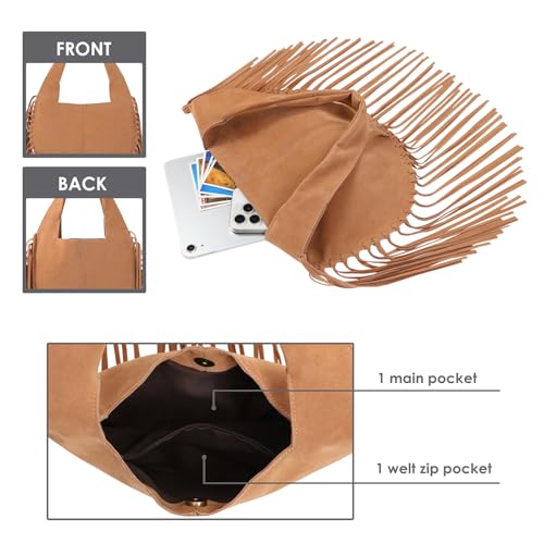 HDE Women's Faux Suede Leather Bag Fringe Tassel Shoulder Purse Western Handbag - color: Camel Brown