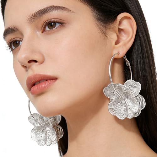 Gold Flower Earrings for Women Boho Orchid Earrings Floral Hoop Petal Earring Prom Wedding Jewelry - style: B:SILVER