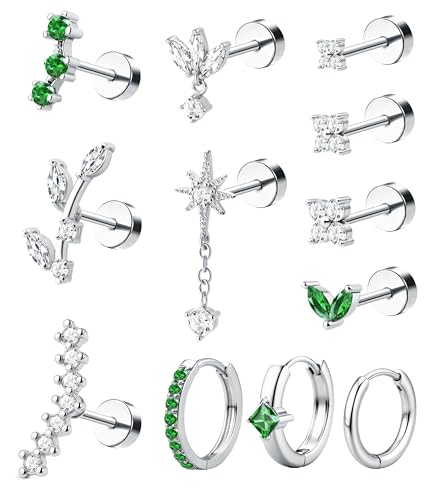 ORAZIO 16 Gauge Cartilage Earrings for Women Flat Back Hypoallergenic Surgical Steel Small Flatback Stud Hoop Cartilage Earring Stack Set Daith Conch Tragus Helix Piercing Jewelry Single PC - color: Silver Plated+Emerald CZ
