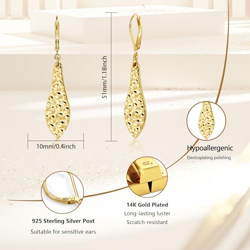 ALEXCRAFT Hammered Silver Dangle Earrings for Women, 14K Gold Plated French Leverback Earrings, Hypoallergenic Lightweight Statement Hammer Square Bar Long Drop Earing for Women Trendy Jewelry Gifts - color: GoldB