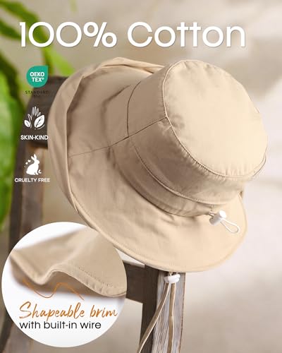 FURTALK Sun Hats for Women Wide Brim Ponytail Beach Sun Protection Hat with Fold-Up Brim Bucket Hat - color: Light Khaki