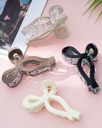 Mesovor 4 Pack Elegant Bow Hair Claw Clips, Nonslip 4.3" Large Hair Grip Hairclips for Thin and Thick | Acrylic Hair Strong Hold Hair Jaw Clamps (Neutral) - color: Neutral