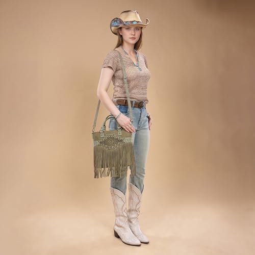 Trinity Ranch Crossbody Bags for Women Tooled Fringe Top Handle Handbags Vintage Western Purse - color: Green