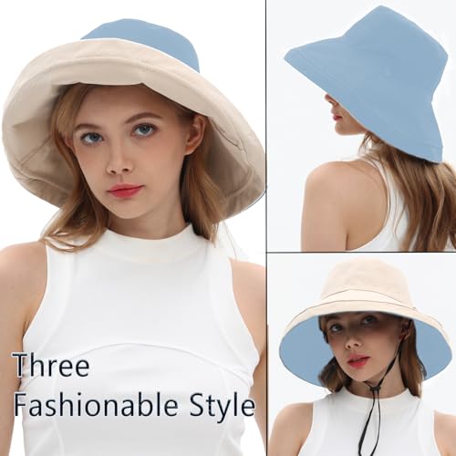 vidsel Womens Sun Hats Wide Brim Reversible Bucket Cotton Hat Packable Summer Travel Cap with Hat Clip,UV Protection - color: Medium-beige+blue, size: Medium