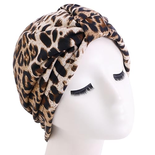 Women's Turban Head Wrap Cancer Chemo Beanies Cap Headwear Cap Bonnet Hair Loss Hat for Sleeping - color: Leopard-khaki