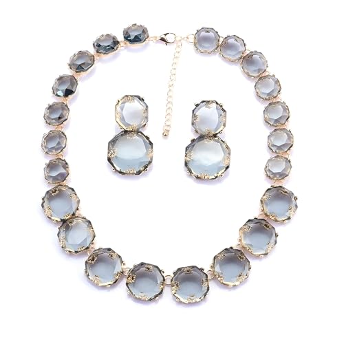 925 Sterling Silver Bib Necklace Transparent Polygon Resin Choker, Indian Ethnic Large Collar Big Bib Necklace, Black Chunky Rhinestone For Women Mrs Jewelry, Emerald Statement Colorful Beaded - color: bib necklace gray set