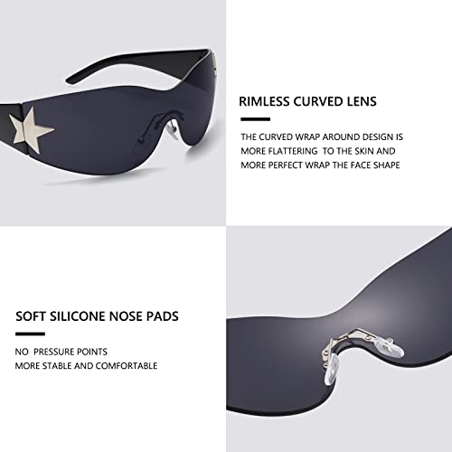 Rimless Y2K Sunglasses for Women Men Wrap Around Fashion Sunglasses Oversized Frameless Trendy Sun Glasses - color: Black Frame / Black Lens