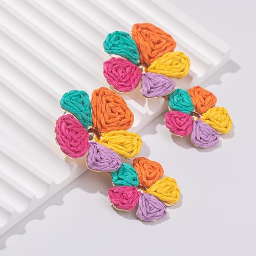Boho Flower Earrings Statement Raffia Dangle Earrings Cute Floral Jewelry Trendy Summer Beach Vacation Outfits for Women - color: Colorful