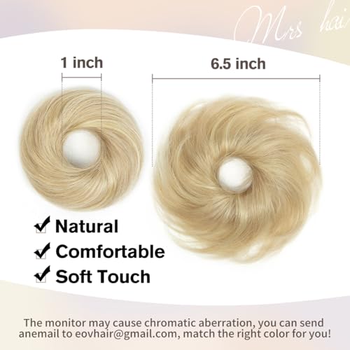 2 PCS Human Hair Bun, Messy Bun Hair Piece, Soft Fluffy Elastic Scrunchie, 30s Easy Updo for Women & Kids, Ideal for Daily Wear, Ballet, Dance & Office Use (Honey Highlights Golden) - color: Ash Blonde with Gold Highlights, size: 4 Inch