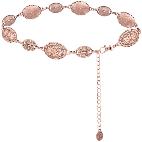 Women's Concho Chain Belt Western Cowgirl Metal Waist Chain Belt for Dress - color: C Rose Gold, size: S: 41.3 in